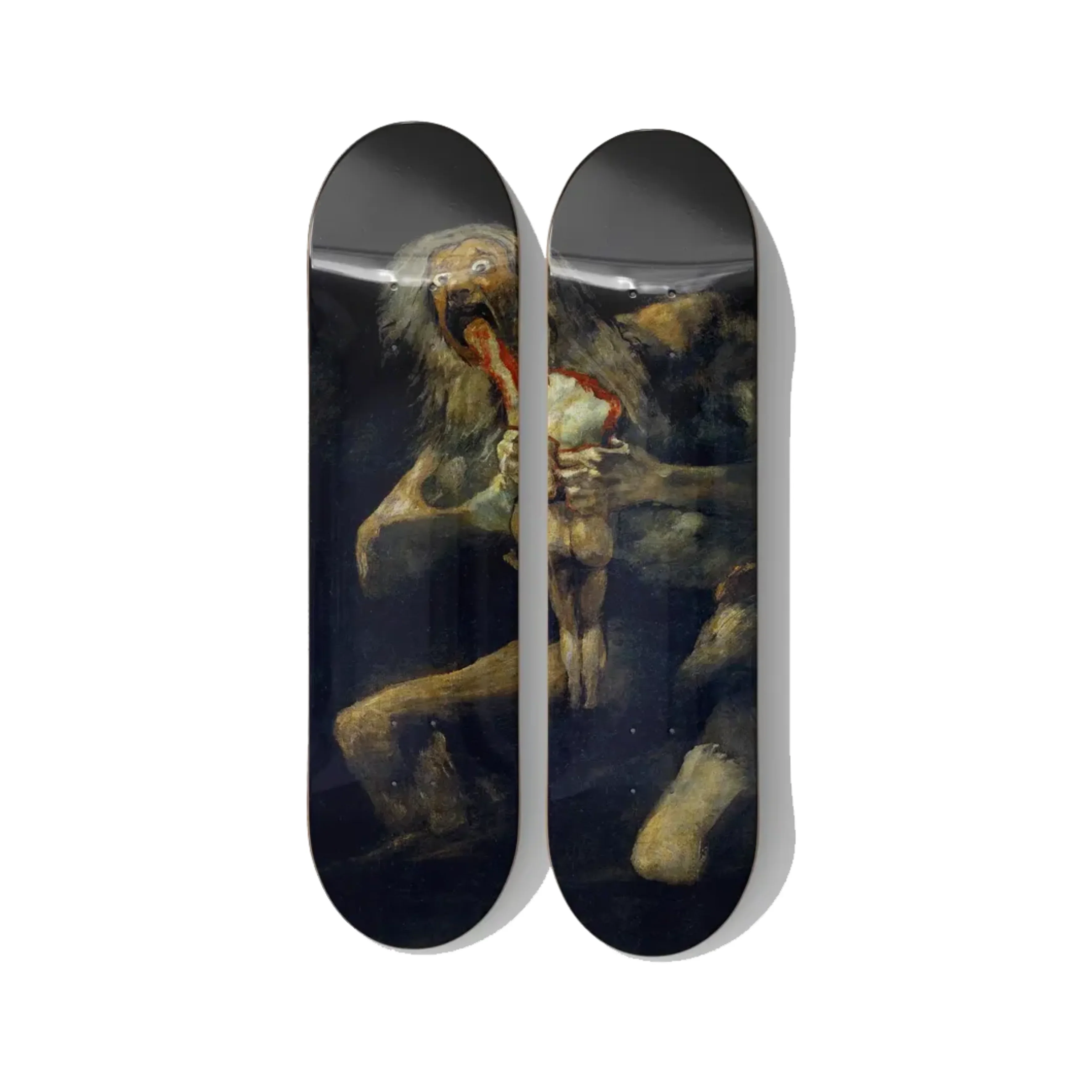 Goya Saturn diptych skateboard wall art on Canadian maple — Dutch Golden Age tenebrism dark wall context — DeckArts Berlin
