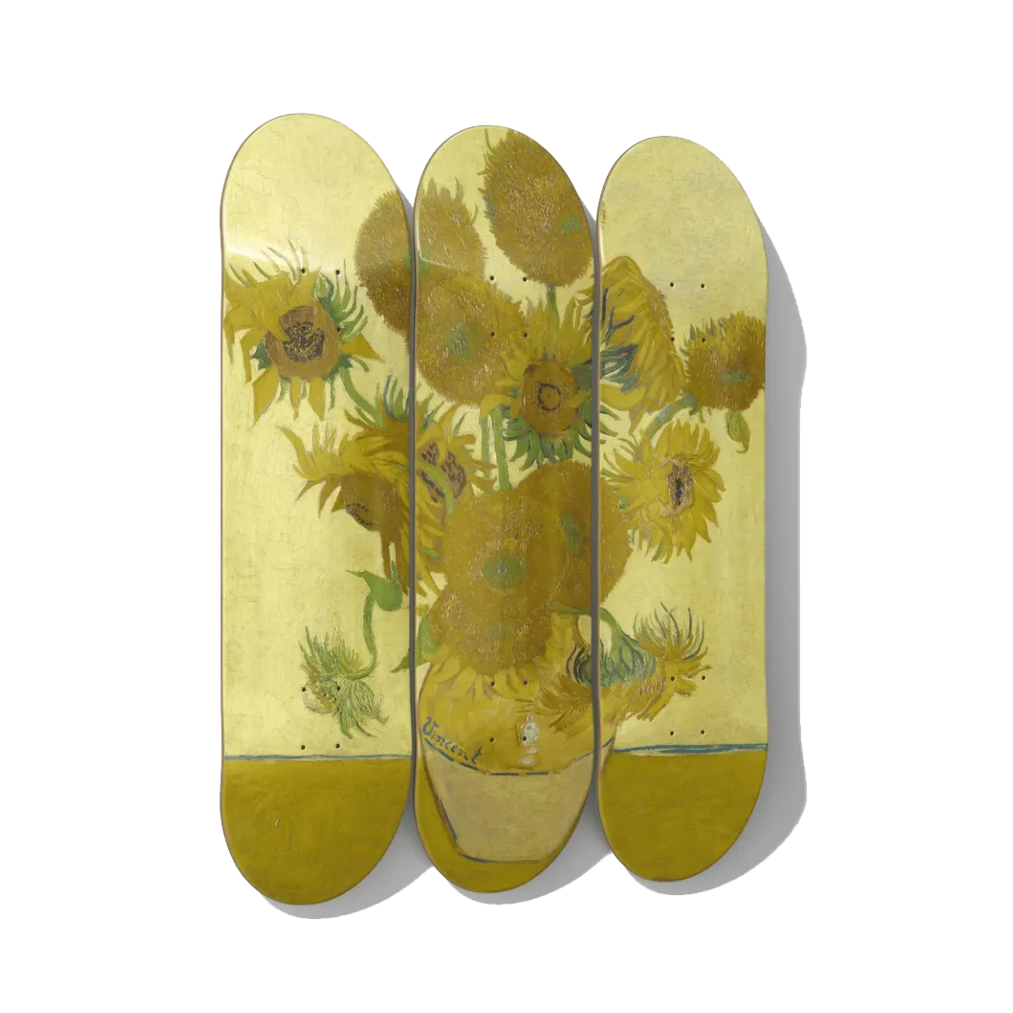 Van Gogh Sunflowers triptych skateboard wall art on Canadian maple — chrome yellow on warm wood — DeckArts Berlin
