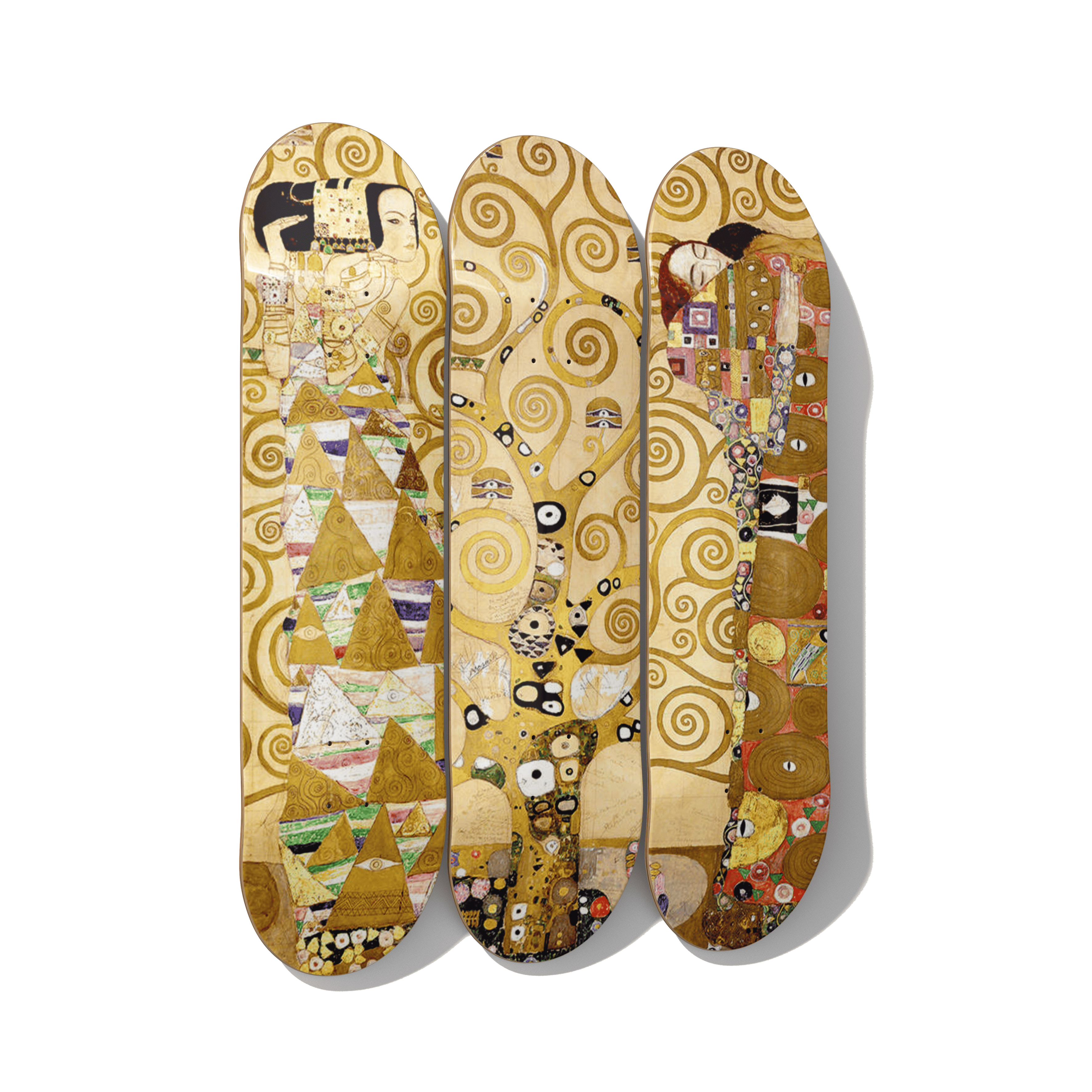 Klimt Tree of Life triptych skateboard wall art on Canadian maple — dining room classical art — DeckArts Berlin