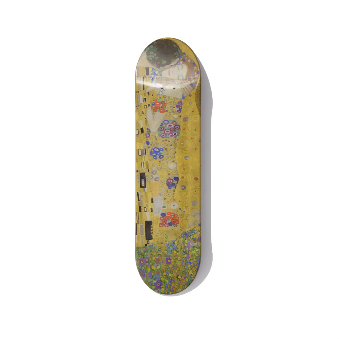 Skateboard wall art as a statement above a bed headboard 2026 DeckArts Berlin anchoring the bed as a focal point slim light and safe over a headboard setting the bedroom mood sizing and centring golden Klimt Starry Night