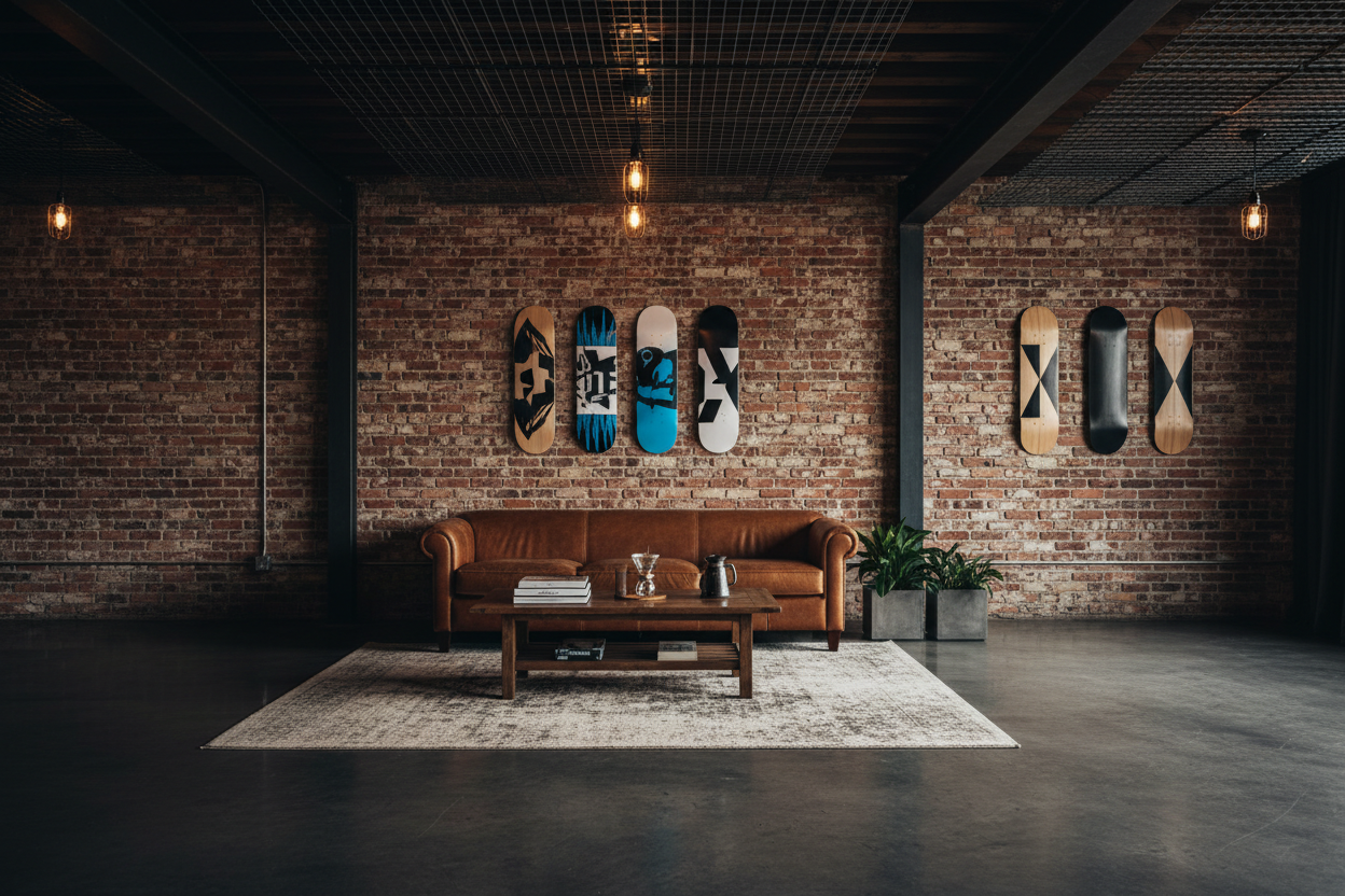 Industrial Loft Skateboard Decor: Exposed Brick + Deck Art