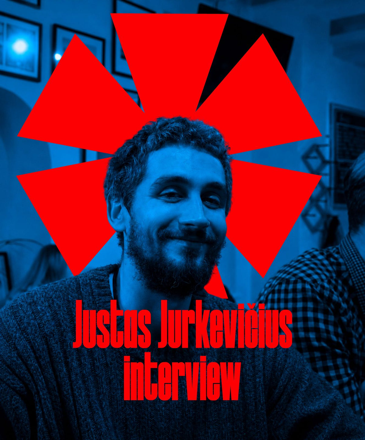 Justas Jurkevičius interview cover: portrait of the Lithuanian artist with the deckarts red asterisk