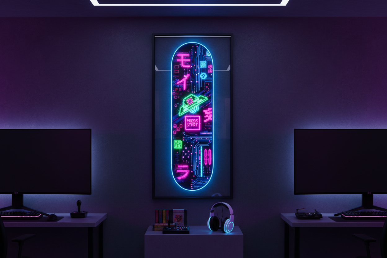 Neon Glow Skateboard Wall Art Ideas for Gamers