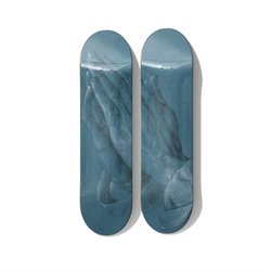 Dürer Praying Hands diptych skateboard wall art on premium Canadian maple deck