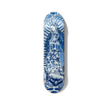 Blue Madonna azulejo ceramic style artwork printed on skateboard deck, sacred blue and white religious wall art for modern interiors