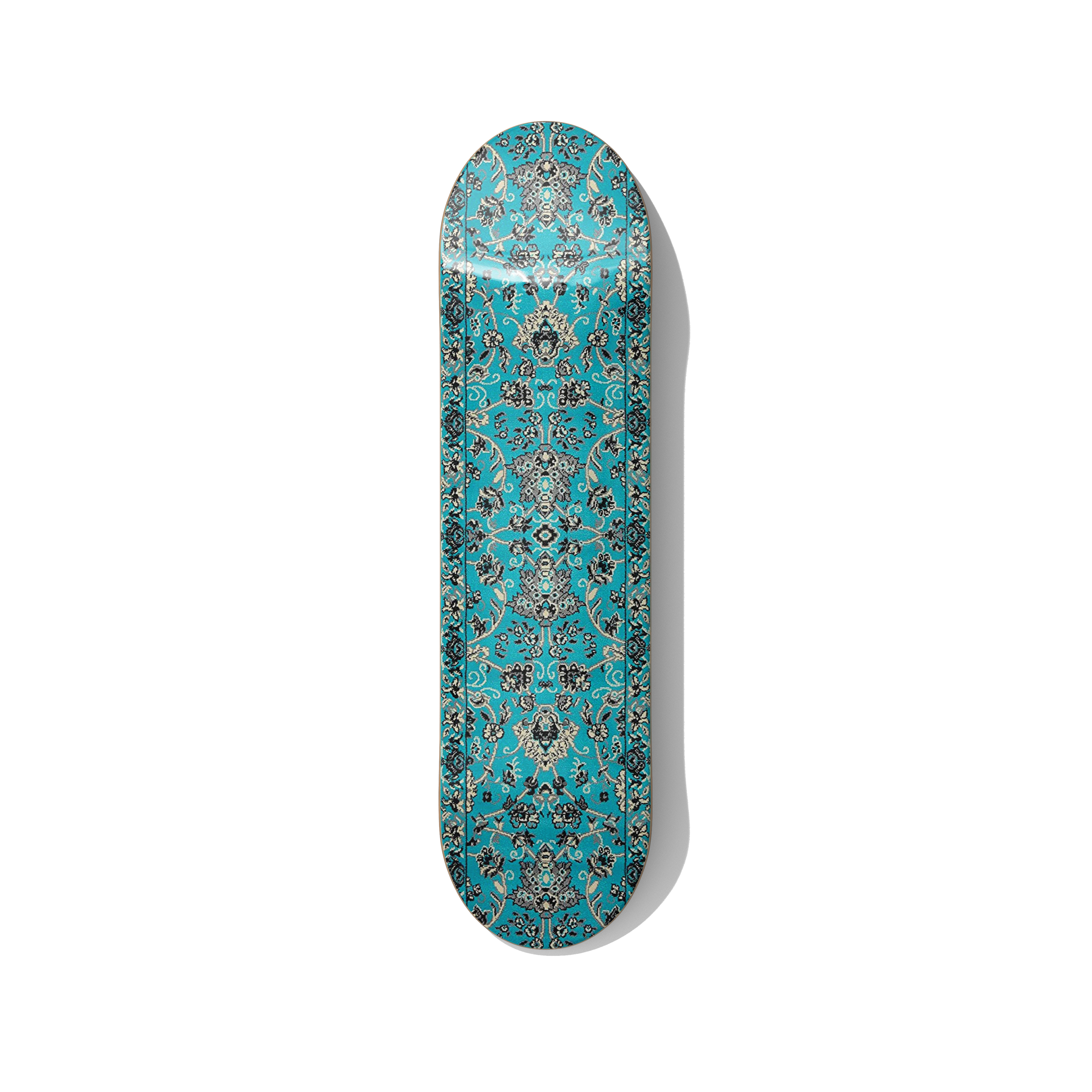 Turquoise Persian carpet pattern printed on skateboard deck, vintage rug inspired skateboard wall art for modern interiors