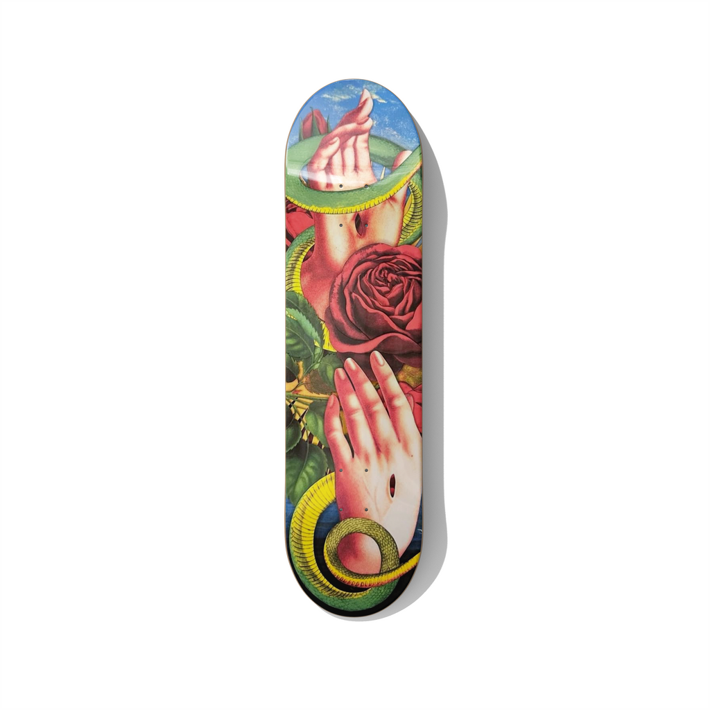 Surreal skateboard wall art featuring symbolic hands, red rose and green snake, vintage style artwork printed on skateboard deck for modern interiors