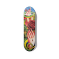 Surreal skateboard wall art featuring symbolic hands, red rose and green snake, vintage style artwork printed on skateboard deck for modern interiors