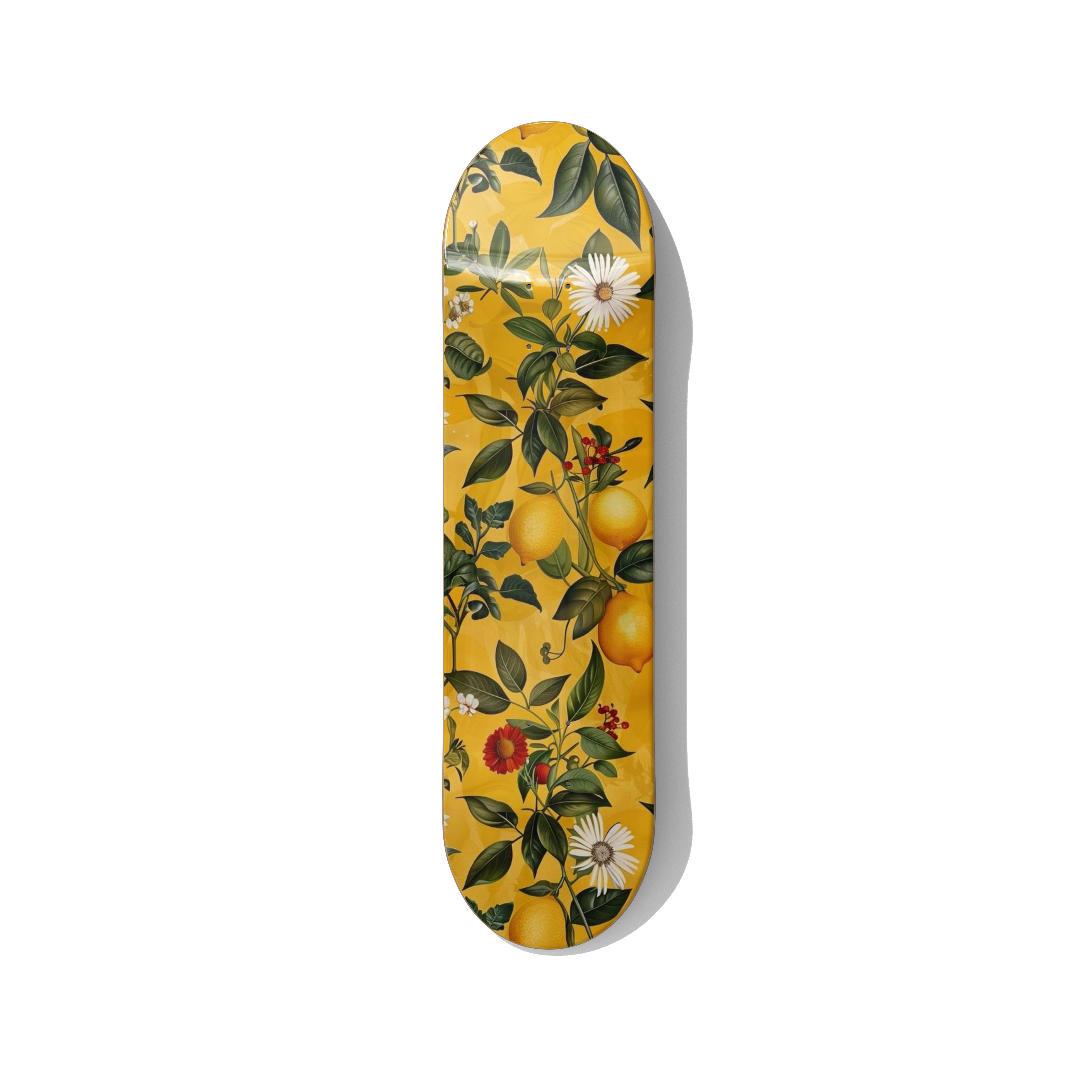 Skateboard wall art featuring lemon botanical illustration with flowers and leaves, vintage floral artwork printed on skateboard deck for bright modern interiors