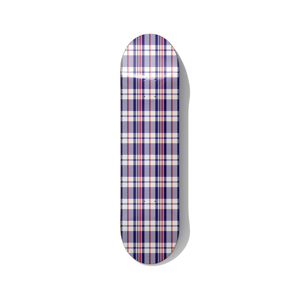 Skateboard wall art with classic plaid tartan pattern in blue, red and white, minimalist geometric design printed on skateboard deck for modern interior decor