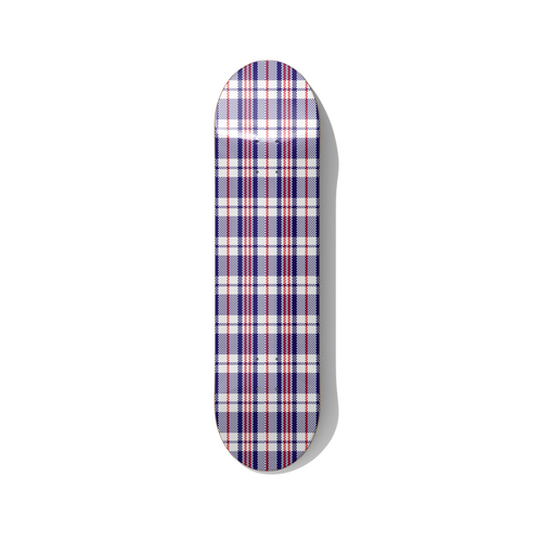 Skateboard wall art with classic plaid tartan pattern in blue, red and white, minimalist geometric design printed on skateboard deck for modern interior decor