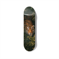 Tiger skateboard wall art featuring a realistic Bengal tiger hidden in lush jungle foliage, wildlife design printed on skateboard deck for modern interior decor
