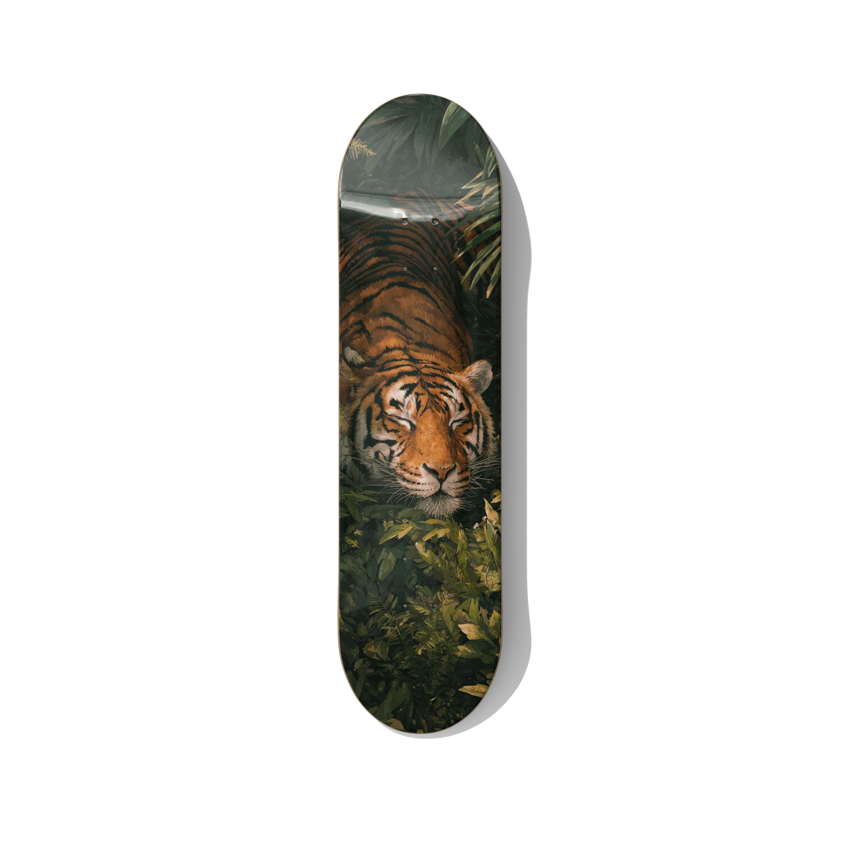 Tiger skateboard wall art featuring a realistic Bengal tiger hidden in lush jungle foliage, wildlife design printed on skateboard deck for modern interior decor