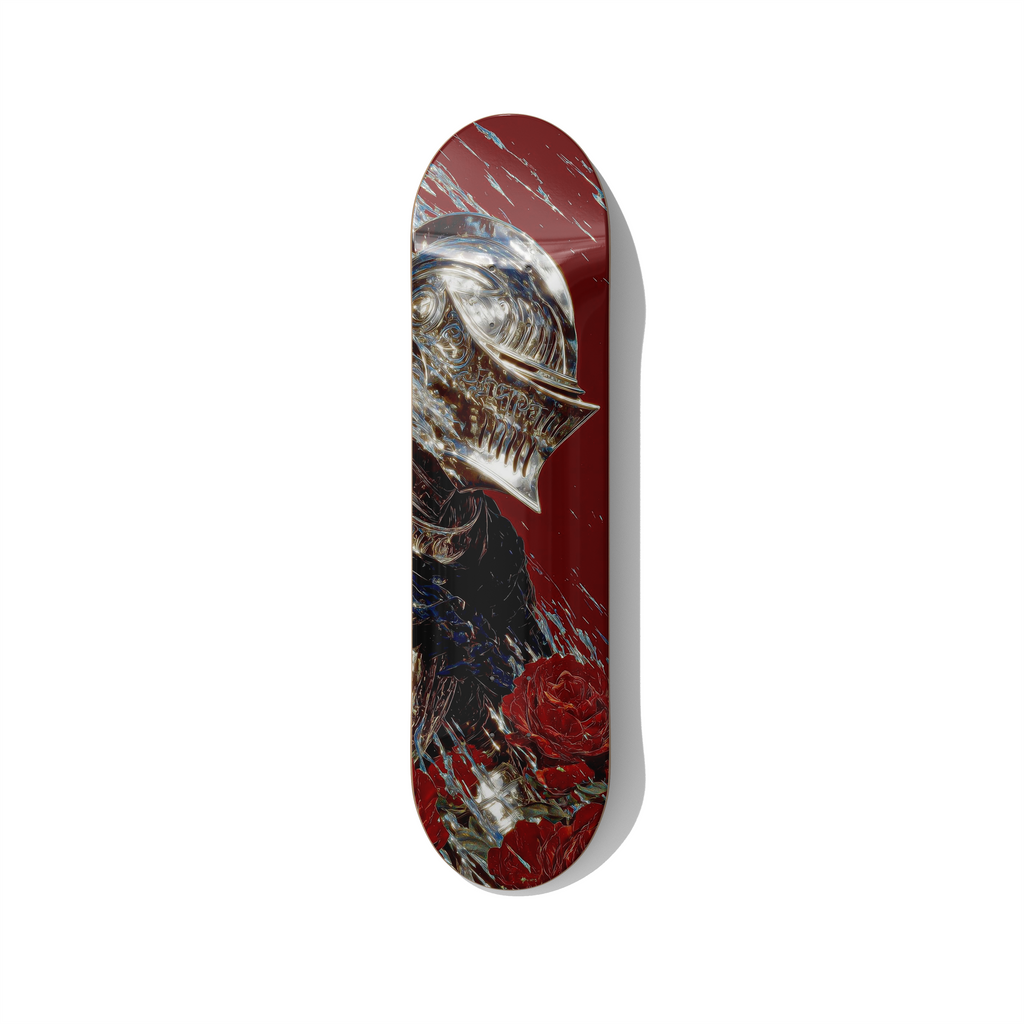 Skull knight skateboard wall art featuring a dark fantasy armored skull with red roses, gothic artwork printed on skateboard deck for modern interior decor