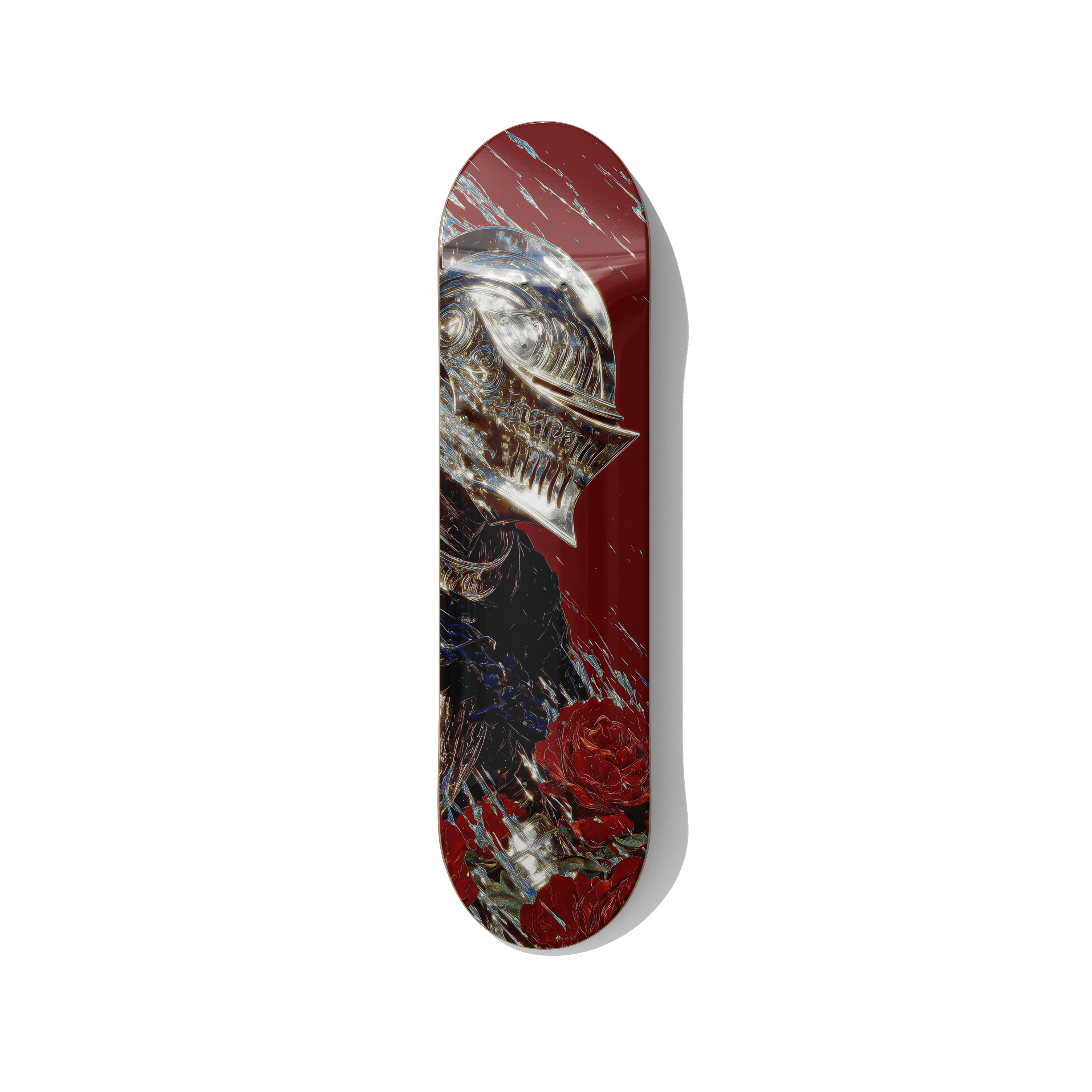 Skull knight skateboard wall art featuring a dark fantasy armored skull with red roses, gothic artwork printed on skateboard deck for modern interior decor