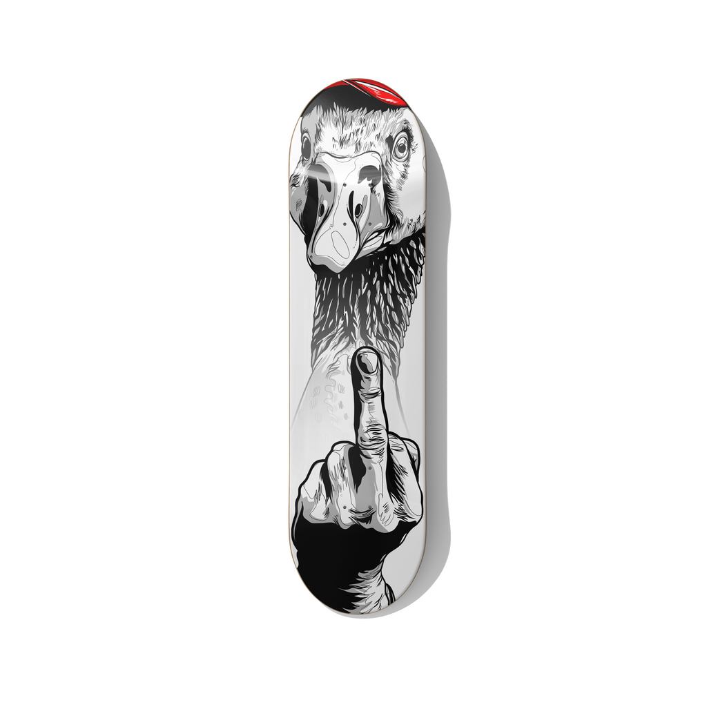 Duck You skateboard wall art by Stefano Borella featuring a black-and-white vulture-like bird raising its middle finger with a red accent