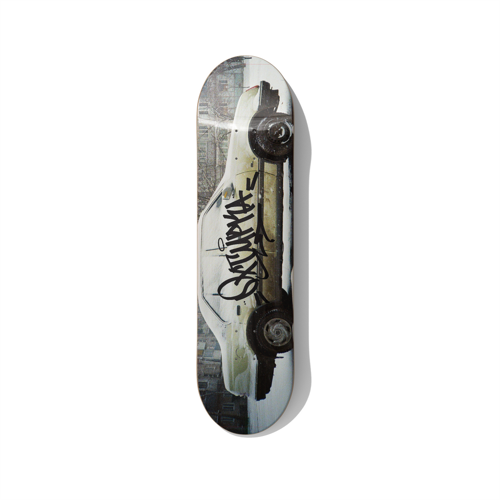 Local 42700 Okhtyrka winter courtyard street photography skateboard wall art on premium Canadian maple deck
